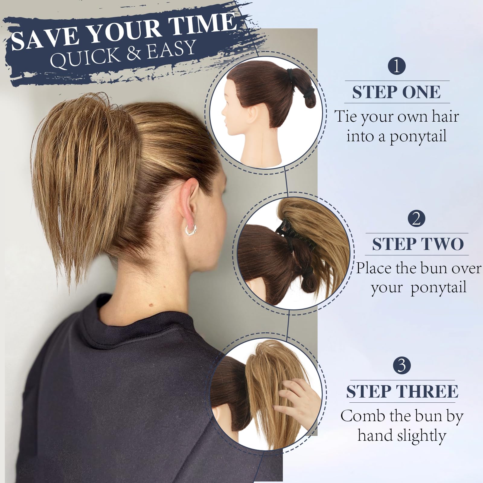 BARSDAR Claw Clip Messy Bun Hair Piece, Short Straight Hair Ponytail Bun Extensions Blonde Hair Bun Synthetic Claw Clip on Hairpieces Fake Hair Bun Extensions for Women Girls-Blonde