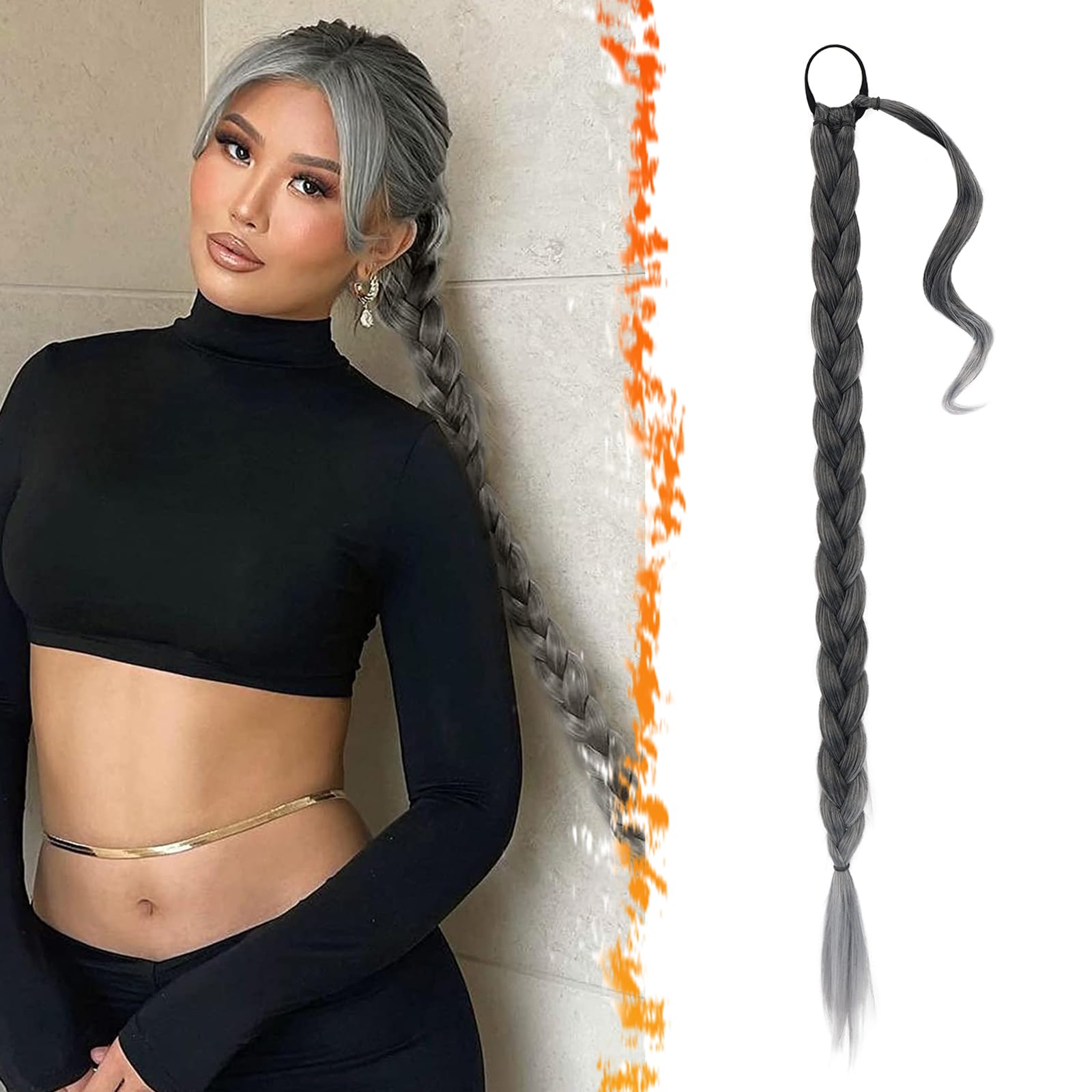 34 Inch Long Gray Braid Ponytail Extension - Wrap Around Gray Braided Ponytail Extensions with Hair Tie - Straight Sleek Soft Synthetic Grey Braid Pony Tails Hairpieces for Women, Ombre Grey
