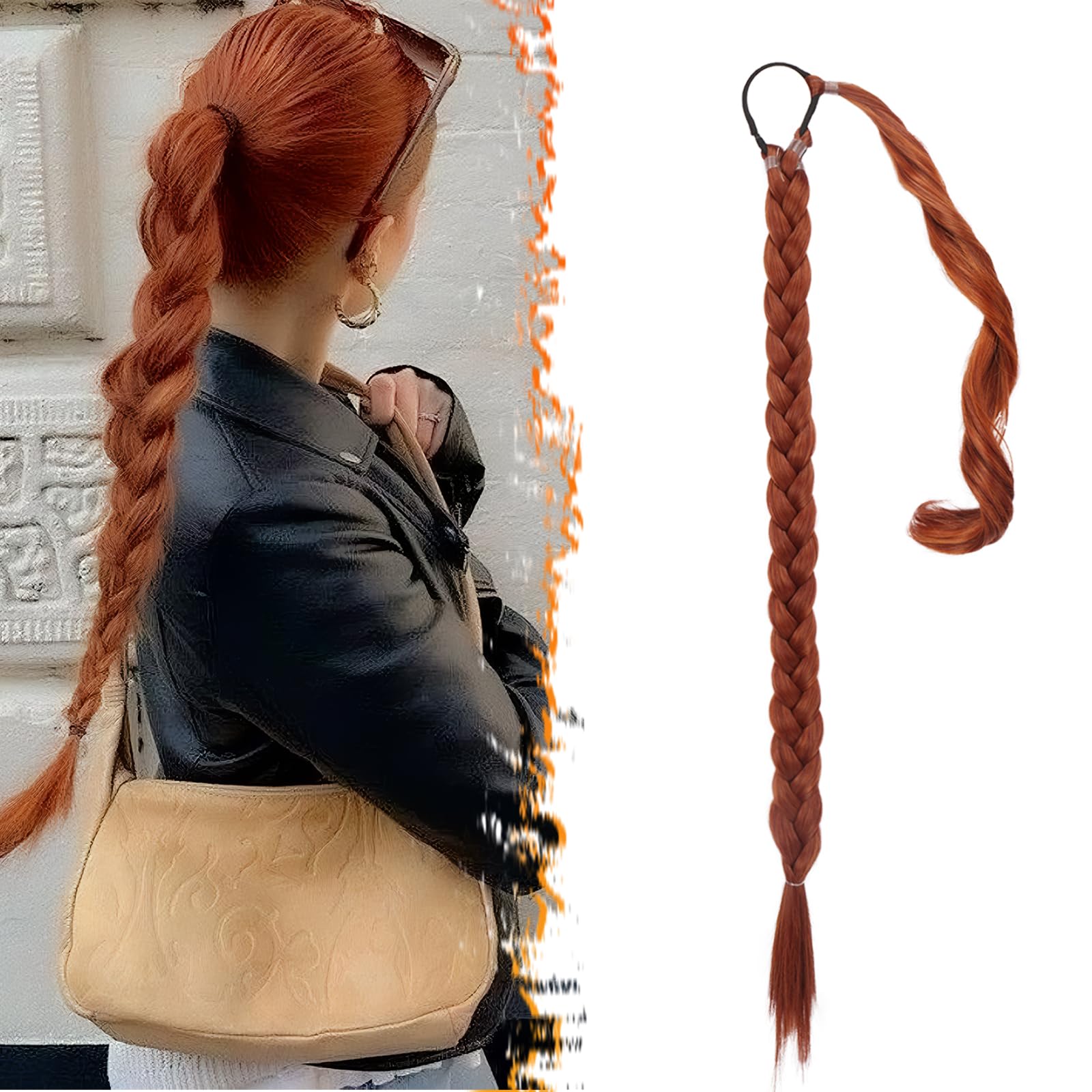 26 Inch Long Braided Ponytail Extension - Straight Wrap Around Copper Red Braid Ponytail Hair Extensions with Hair Tie - Synthetic Pony Tails Hairpieces for Women - Copper Red
