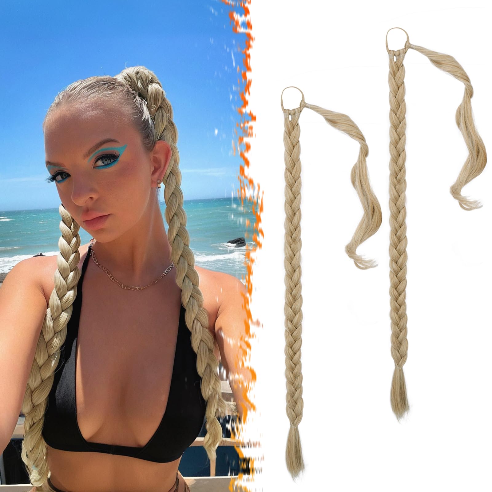 2PCs 30 Inch Long Braided Ponytail Extension - Sleek Wrap Around Blonde Braid Ponytail Hair Extensions with Hair Tie - Synthetic Pony Tails Hairpieces for Women - Blonde Mixed
