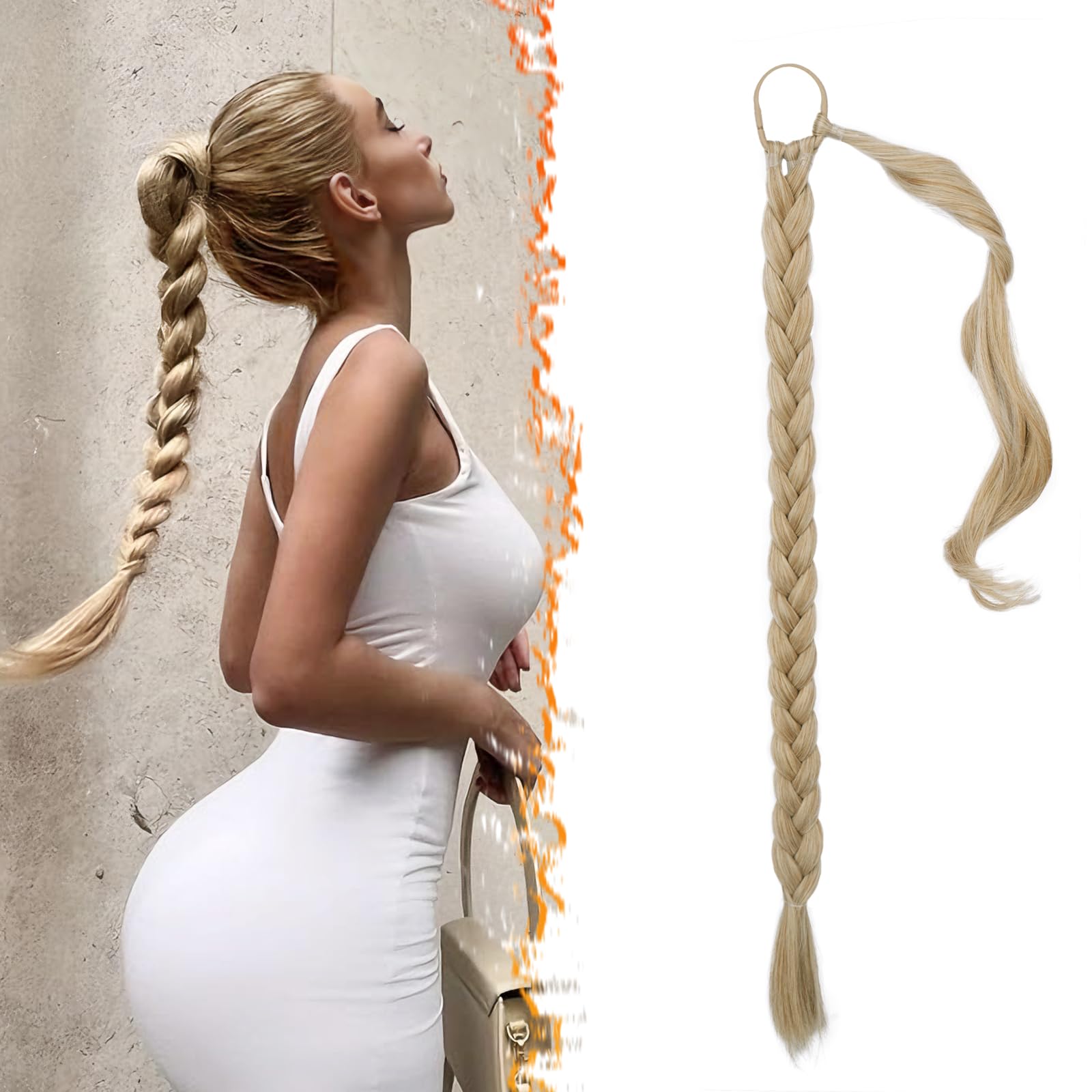 26 Inch Long Braided Ponytail Extension - Straight Wrap Around Blonde Braid Ponytail Hair Extensions with Hair Tie - Synthetic Pony Tails Hairpieces for Women - Blonde Mixed