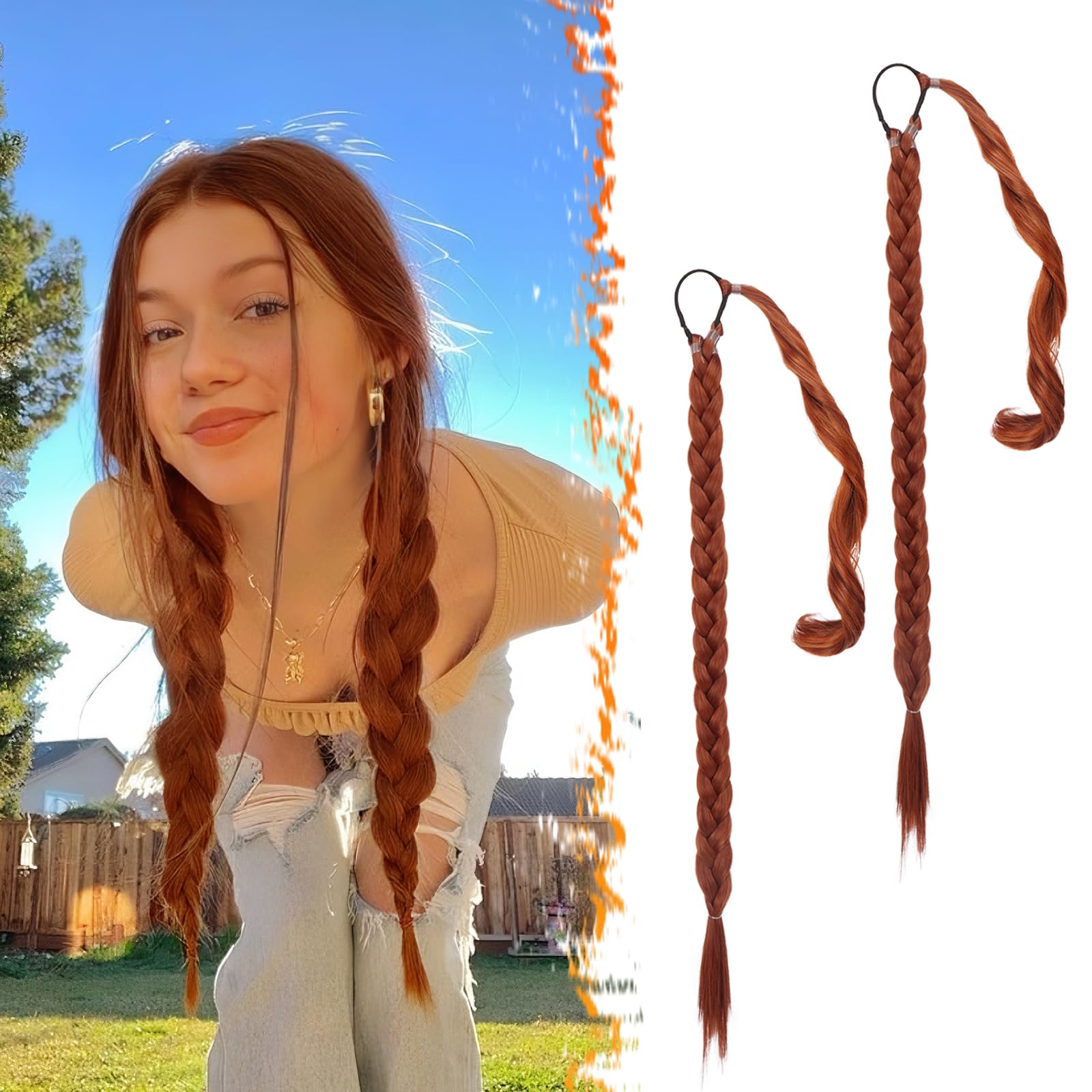 2PCs 30 Inch Long Braided Ponytail Extension - Sleek Wrap Around Copper Red Braid Ponytail Hair Extensions with Hair Tie - Synthetic Pony Tails Hairpieces for Women - Copper Red