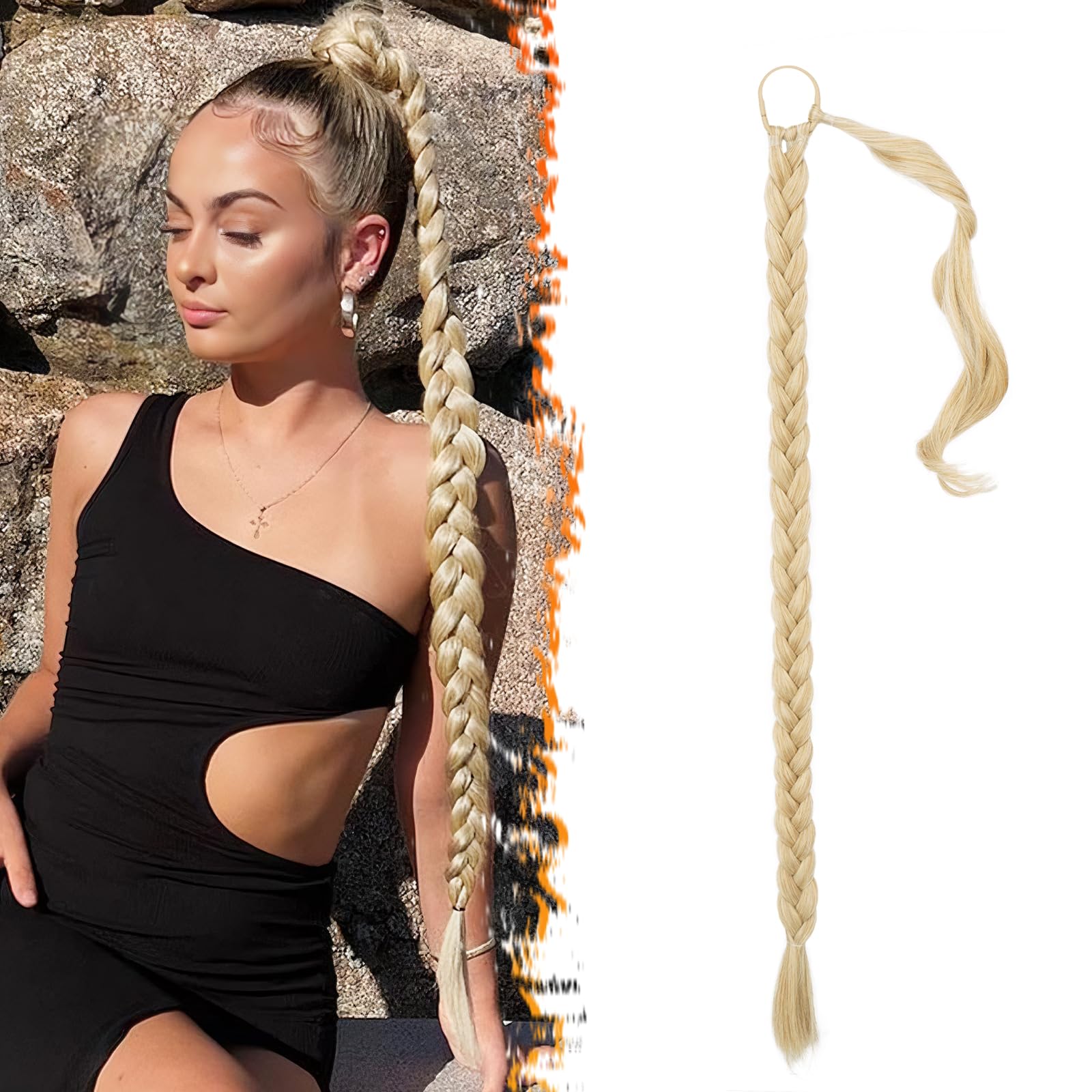34 Inch Long Braided Ponytail Extension - Wrap Around Blonde Braid Ponytail Hair Extensions with Hair Tie - Synthetic Pony Tails Hairpieces for Women - Beige Blonde Mix