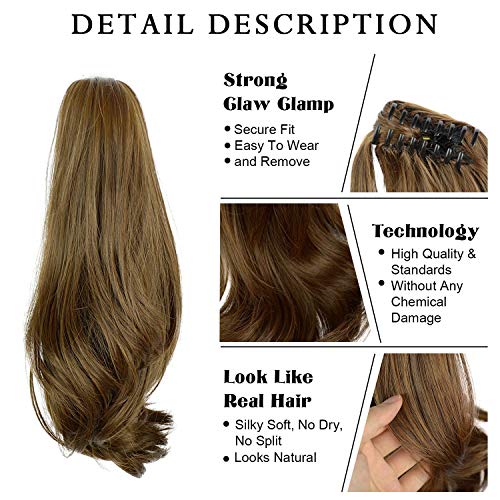 BARSDAR 15" Ponytail Hair Extension Clip in/on Ponytail Curly Synthetic Claw Extension Hairpiece for Women(Golden Brown & Light Blonde)