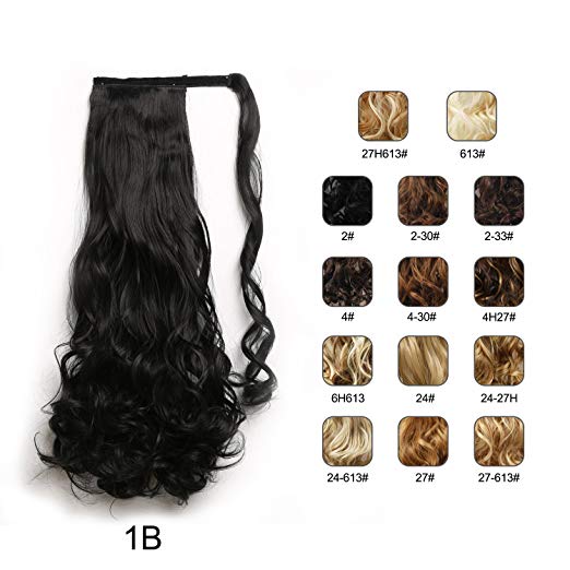 BARSDAR 21" Long Curly Wavy Wrap Around Ponytail Extensions Synthetic Ponytail Clip in Hair Extensions Hairpieces for Women 120g（1B# Off Black）