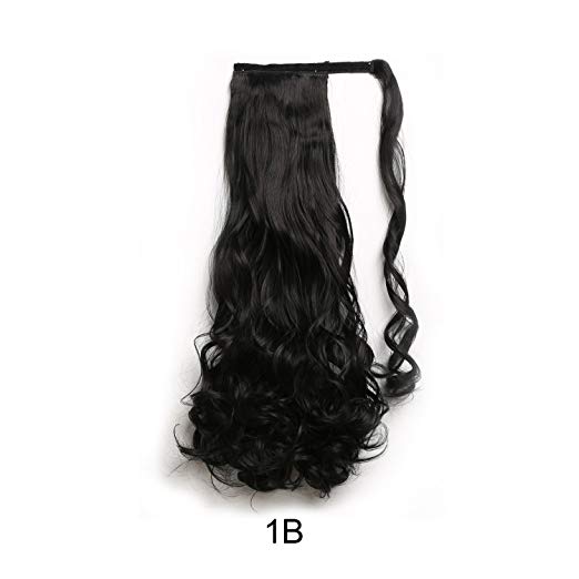BARSDAR 21" Long Curly Wavy Wrap Around Ponytail Extensions Synthetic Ponytail Clip in Hair Extensions Hairpieces for Women 120g（1B# Off Black）