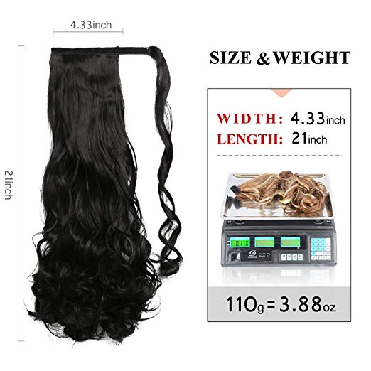 BARSDAR 21" Long Curly Wavy Wrap Around Ponytail Extensions Synthetic Ponytail Clip in Hair Extensions Hairpieces for Women 120g（1B# Off Black）