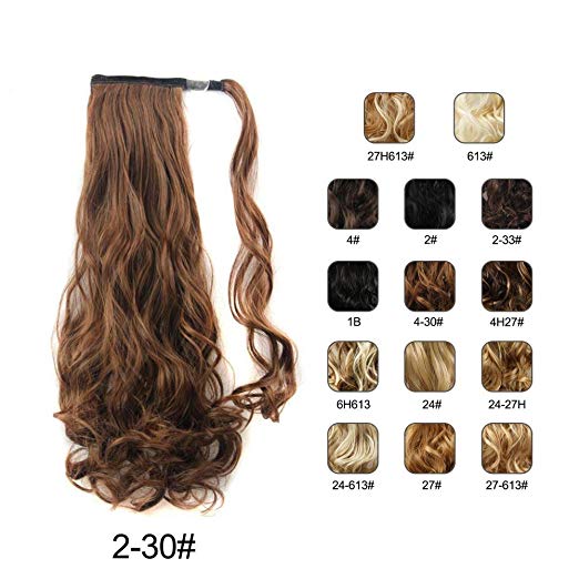 BARSDAR 21" Long Curly Wavy Wrap Around Ponytail Extensions Synthetic Ponytail Clip in Hair Extensions Hairpieces for Women 110g（2/30# Darkest Brown mix Auburn Evenly）