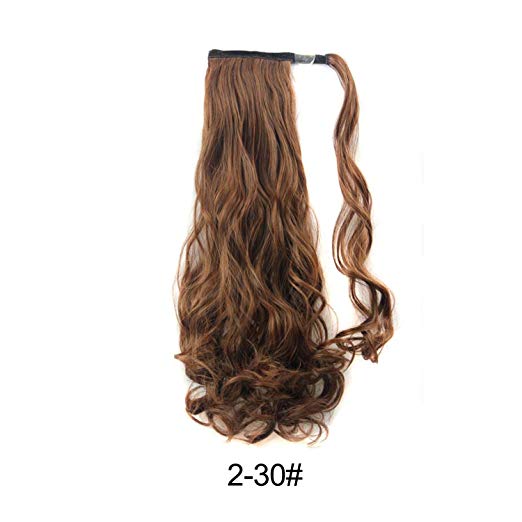 BARSDAR 21" Long Curly Wavy Wrap Around Ponytail Extensions Synthetic Ponytail Clip in Hair Extensions Hairpieces for Women 110g（2/30# Darkest Brown mix Auburn Evenly）