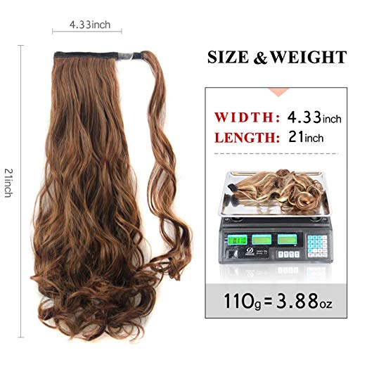 BARSDAR 21" Long Curly Wavy Wrap Around Ponytail Extensions Synthetic Ponytail Clip in Hair Extensions Hairpieces for Women 110g（2/30# Darkest Brown mix Auburn Evenly）