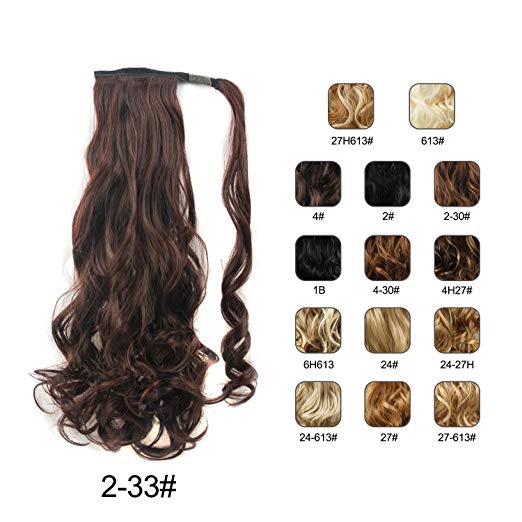 BARSDAR 21" Long Curly Wavy Wrap Around Ponytail Extensions Synthetic Ponytail Clip in Hair Extensions Hairpieces for Women 110g（2/33#Darkest Brown mix Dark Auburn Evenly）