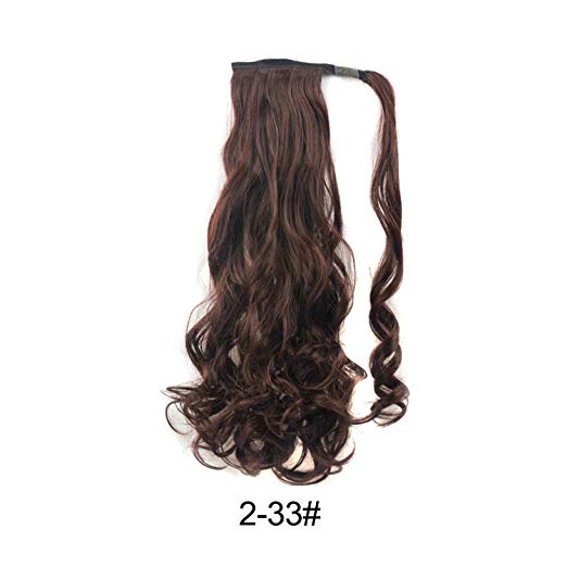 BARSDAR 21" Long Curly Wavy Wrap Around Ponytail Extensions Synthetic Ponytail Clip in Hair Extensions Hairpieces for Women 110g（2/33#Darkest Brown mix Dark Auburn Evenly）