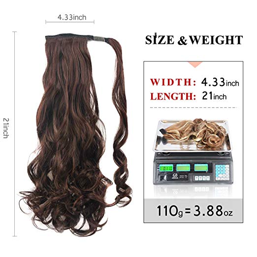 BARSDAR 21" Long Curly Wavy Wrap Around Ponytail Extensions Synthetic Ponytail Clip in Hair Extensions Hairpieces for Women 110g（2/33#Darkest Brown mix Dark Auburn Evenly）