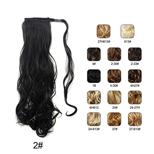 BARSDAR 21" Long Curly Wavy Wrap Around Ponytail Extensions Synthetic Ponytail Clip in Hair Extensions Hairpieces for Women 110g（2# Darkest Brown）