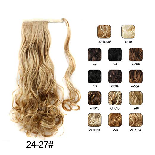 BARSDAR 21" Long Curly Wavy Wrap Around Ponytail Extensions Synthetic Ponytail Clip in Hair Extensions Hairpieces for Women 110g（24/27#Light Blonde mix Strawberry Blonde Evenly）