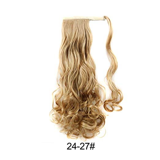 BARSDAR 21" Long Curly Wavy Wrap Around Ponytail Extensions Synthetic Ponytail Clip in Hair Extensions Hairpieces for Women 110g（24/27#Light Blonde mix Strawberry Blonde Evenly）
