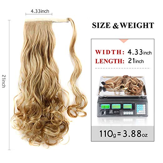 BARSDAR 21" Long Curly Wavy Wrap Around Ponytail Extensions Synthetic Ponytail Clip in Hair Extensions Hairpieces for Women 110g（24/27#Light Blonde mix Strawberry Blonde Evenly）