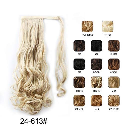 BARSDAR 21" Long Curly Wavy Wrap Around Ponytail Extensions Synthetic Ponytail Clip in Hair Extensions Hairpieces for Women 110g（24/613#Light Blonde mix Bleach Blonde Evenly）