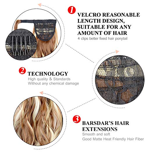 BARSDAR 21" Long Curly Wavy Wrap Around Ponytail Extensions Synthetic Ponytail Clip in Hair Extensions Hairpieces for Women 110g（24/613#Light Blonde mix Bleach Blonde Evenly）