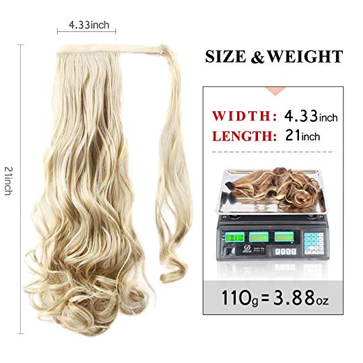 BARSDAR 21" Long Curly Wavy Wrap Around Ponytail Extensions Synthetic Ponytail Clip in Hair Extensions Hairpieces for Women 110g（24/613#Light Blonde mix Bleach Blonde Evenly）
