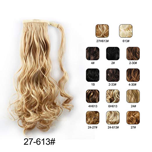 BARSDAR 21" Long Curly Wavy Wrap Around Ponytail Extensions Synthetic Ponytail Clip in Hair Extensions Hairpieces for Women 110g（27/613#Strawberry Blonde mix Bleach Blonde Evenly）