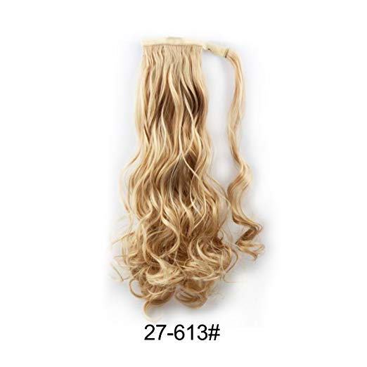BARSDAR 21" Long Curly Wavy Wrap Around Ponytail Extensions Synthetic Ponytail Clip in Hair Extensions Hairpieces for Women 110g（27/613#Strawberry Blonde mix Bleach Blonde Evenly）