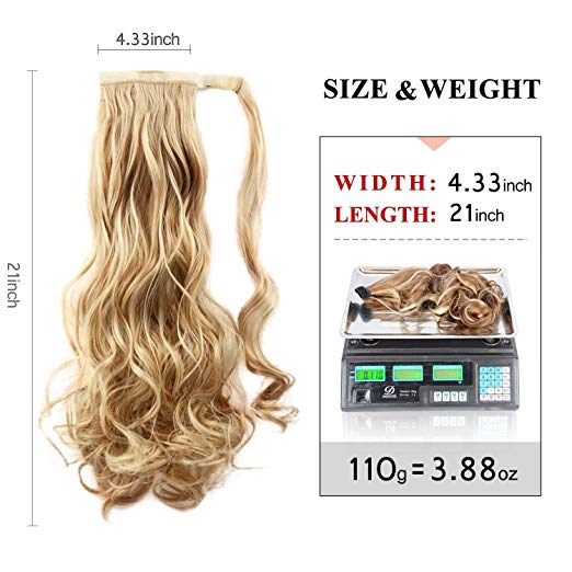 BARSDAR 21" Long Curly Wavy Wrap Around Ponytail Extensions Synthetic Ponytail Clip in Hair Extensions Hairpieces for Women 110g（27/613#Strawberry Blonde mix Bleach Blonde Evenly）