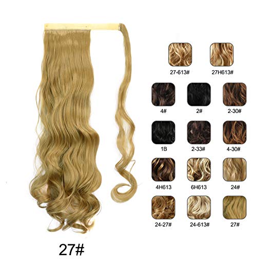 BARSDAR 21" Long Curly Wavy Wrap Around Ponytail Extensions Synthetic Ponytail Clip in Hair Extensions Hairpieces for Women 110g（27#Strawberry Blonde）