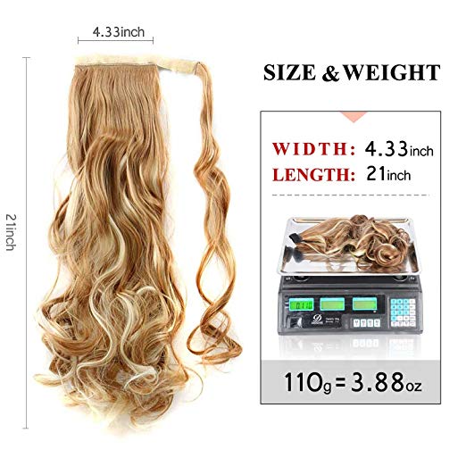 BARSDAR 21" Long Curly Wavy Wrap Around Ponytail Extensions Synthetic Ponytail Clip in Hair Extensions Hairpieces for Women 110g（27H613#Strawberry Blonde mix Bleach Blonde...