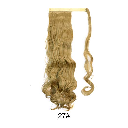 BARSDAR 21" Long Curly Wavy Wrap Around Ponytail Extensions Synthetic Ponytail Clip in Hair Extensions Hairpieces for Women 110g（27#Strawberry Blonde）