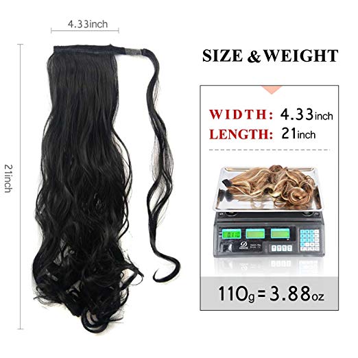 BARSDAR 21" Long Curly Wavy Wrap Around Ponytail Extensions Synthetic Ponytail Clip in Hair Extensions Hairpieces for Women 110g（2# Darkest Brown）