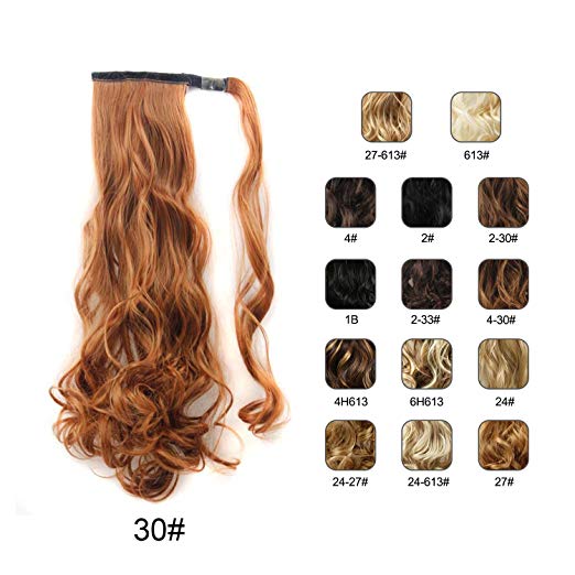 BARSDAR 21" Long Curly Wavy Wrap Around Ponytail Extensions Synthetic Ponytail Clip in Hair Extensions Hairpieces for Women 110g (30# Auburn Brown)