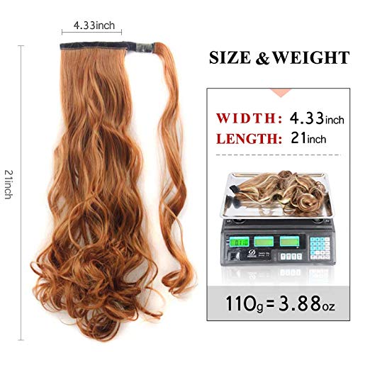 BARSDAR 21" Long Curly Wavy Wrap Around Ponytail Extensions Synthetic Ponytail Clip in Hair Extensions Hairpieces for Women 110g (30# Auburn Brown)