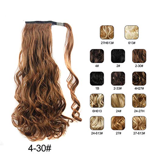 BARSDAR 21" Long Curly Wavy Wrap Around Ponytail Extensions Synthetic Ponytail Clip in Hair Extensions Hairpieces for Women 110g（4/30#Dark Brown mix Auburn Evenly）