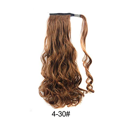 BARSDAR 21" Long Curly Wavy Wrap Around Ponytail Extensions Synthetic Ponytail Clip in Hair Extensions Hairpieces for Women 110g（4/30#Dark Brown mix Auburn Evenly）