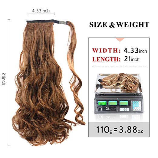 BARSDAR 21" Long Curly Wavy Wrap Around Ponytail Extensions Synthetic Ponytail Clip in Hair Extensions Hairpieces for Women 110g（4/30#Dark Brown mix Auburn Evenly）