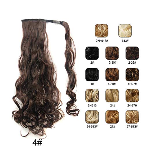 BARSDAR 21" Long Curly Wavy Wrap Around Ponytail Extensions Synthetic Ponytail Clip in Hair Extensions Hairpieces for Women 110g（4#Dark Brown）