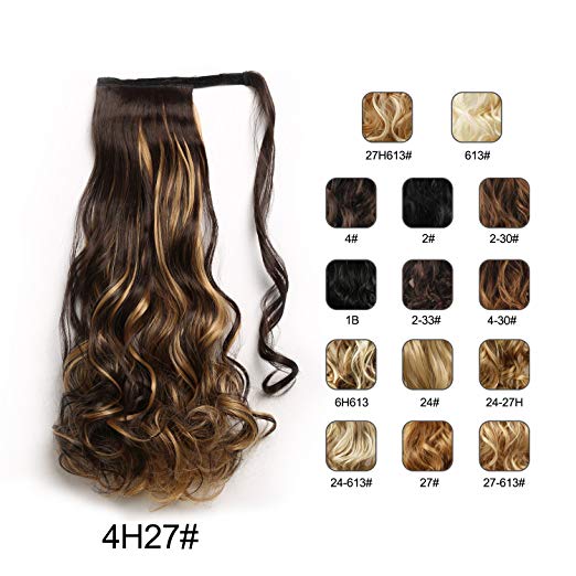 BARSDAR 21" Long Curly Wavy Wrap Around Ponytail Extensions Synthetic Ponytail Clip in Hair Extensions Hairpieces for Women 110g（4H27# Dark Brown mix Strawberry Blonde Unevenly）