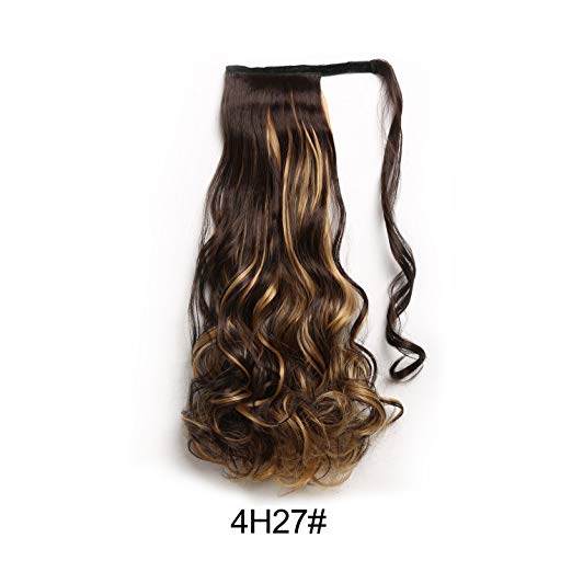 BARSDAR 21" Long Curly Wavy Wrap Around Ponytail Extensions Synthetic Ponytail Clip in Hair Extensions Hairpieces for Women 110g（4H27# Dark Brown mix Strawberry Blonde Unevenly）