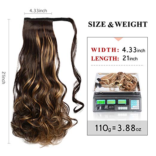 BARSDAR 21" Long Curly Wavy Wrap Around Ponytail Extensions Synthetic Ponytail Clip in Hair Extensions Hairpieces for Women 110g（4H27# Dark Brown mix Strawberry Blonde Unevenly）