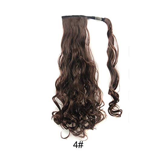 BARSDAR 21" Long Curly Wavy Wrap Around Ponytail Extensions Synthetic Ponytail Clip in Hair Extensions Hairpieces for Women 110g（4#Dark Brown）
