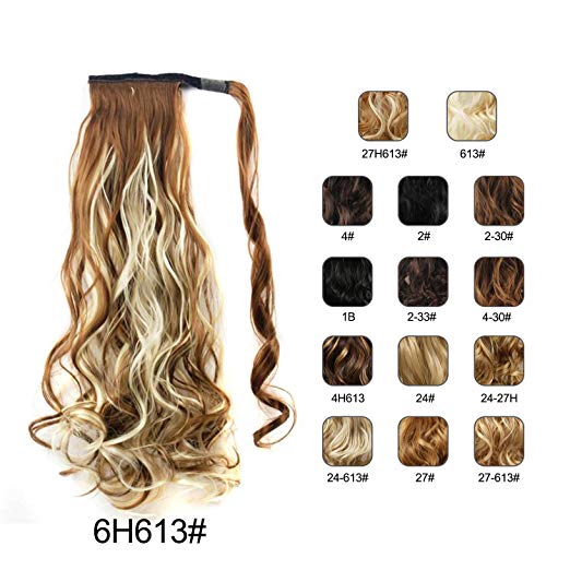 BARSDAR 21" Long Curly Wavy Wrap Around Ponytail Extensions Synthetic Ponytail Clip in Hair Extensions Hairpieces for Women 110g（6H613# Medium Brown mix Bleach Blonde Unevenly）