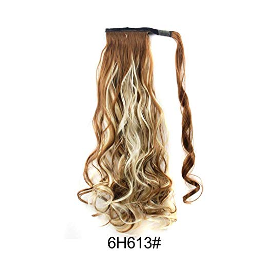 BARSDAR 21" Long Curly Wavy Wrap Around Ponytail Extensions Synthetic Ponytail Clip in Hair Extensions Hairpieces for Women 110g（6H613# Medium Brown mix Bleach Blonde Unevenly）