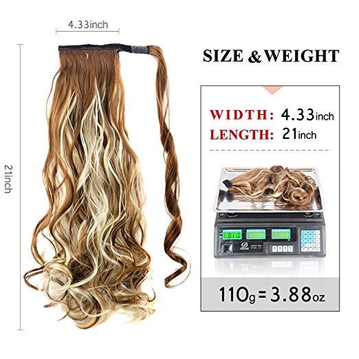 BARSDAR 21" Long Curly Wavy Wrap Around Ponytail Extensions Synthetic Ponytail Clip in Hair Extensions Hairpieces for Women 110g（6H613# Medium Brown mix Bleach Blonde Unevenly）