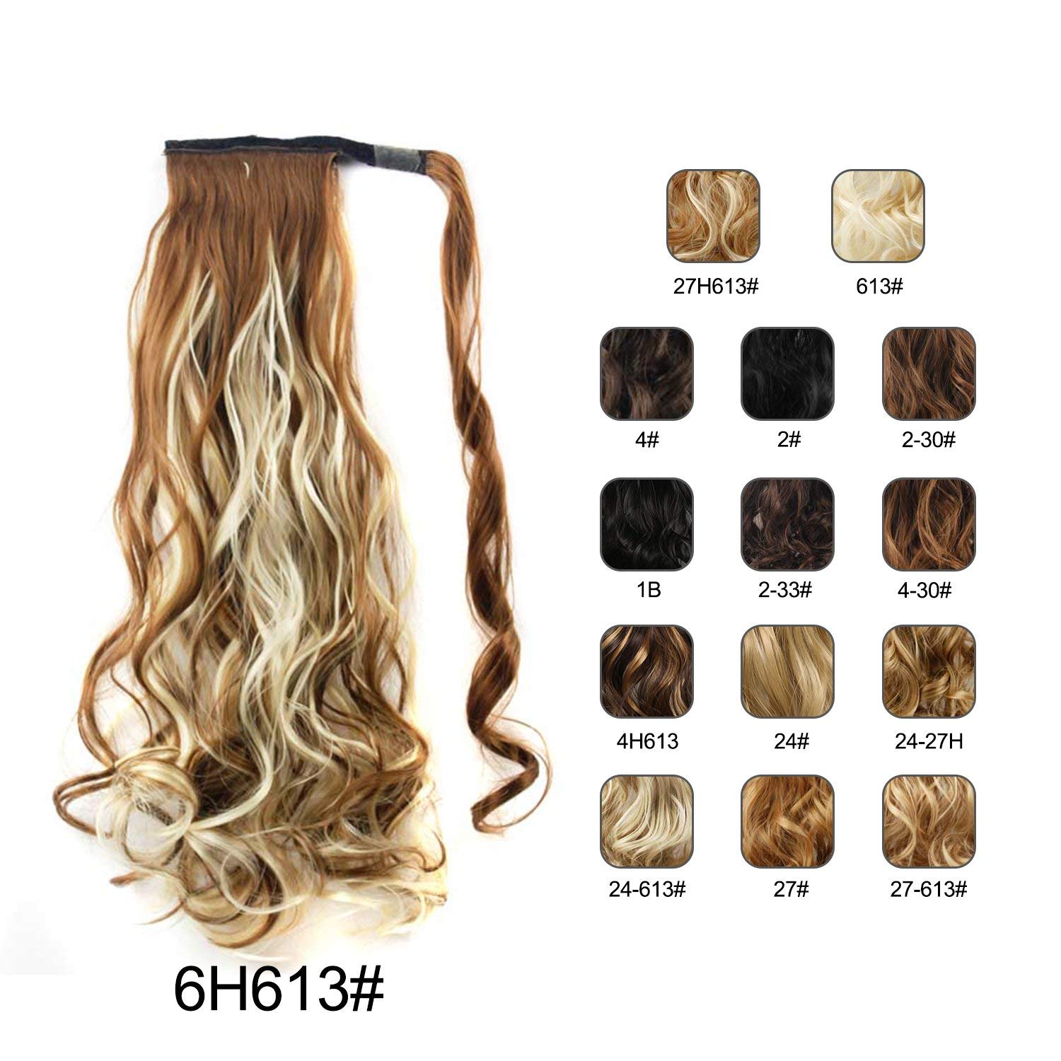 BARSDAR 21" Long Curly Wavy Wrap Around Ponytail Extensions Synthetic Ponytail Clip in Hair Extensions Hairpieces for Women 110g（6H613# Medium Brown mix Bleach Blonde Unevenly）