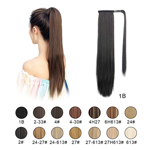 BARSDAR 26" Long Straight Ponytail Extension Wrap Around Off Black Synthetic Hair Extensions One Piece Hairpiece Pony Tail Extension for Women Lady Girl (Long Ponytail Extensions 1B#)