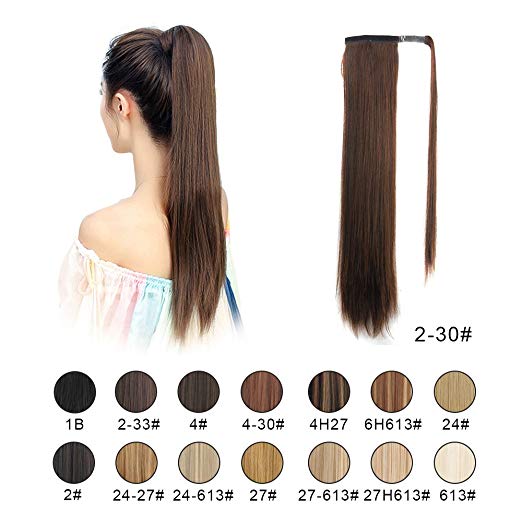 BARSDAR 26" Long Straight Ponytail Extension Wrap Around Synthetic Ponytail Clip in Hair Extensions One Piece Hairpiece Binding Pony Tail Extension for Women Lady Girl (2/30#Darkest Brown mix Auburn E