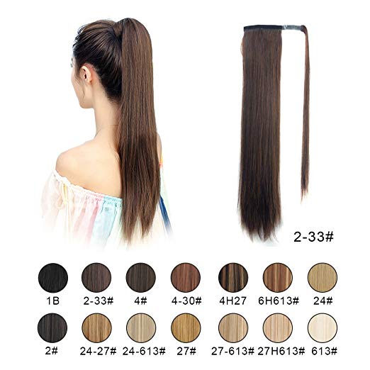 BARSDAR 26" Long Straight Ponytail Extension Wrap Around Synthetic Ponytail Clip in Hair Extensions One Piece Hairpiece Binding Pony Tail Extension for Women Lady Girl (2/33#Darkest Brown mix Dark Aub