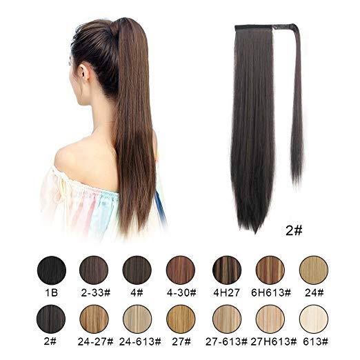 BARSDAR 26" Long Straight Ponytail Extension Wrap Around Darkest Brown Synthetic Hair Extensions One Piece Hairpiece Pony Tail Extension for Women Lady Girl (Long Ponytail Extensions 2#)