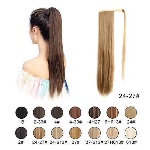BARSDAR 26" Long Straight Ponytail Extension Wrap Around Synthetic Ponytail Clip in Hair Extensions One Piece Hairpiece Binding Pony Tail Extension for Women (24/27#Light Blonde mix Strawberry Blonde